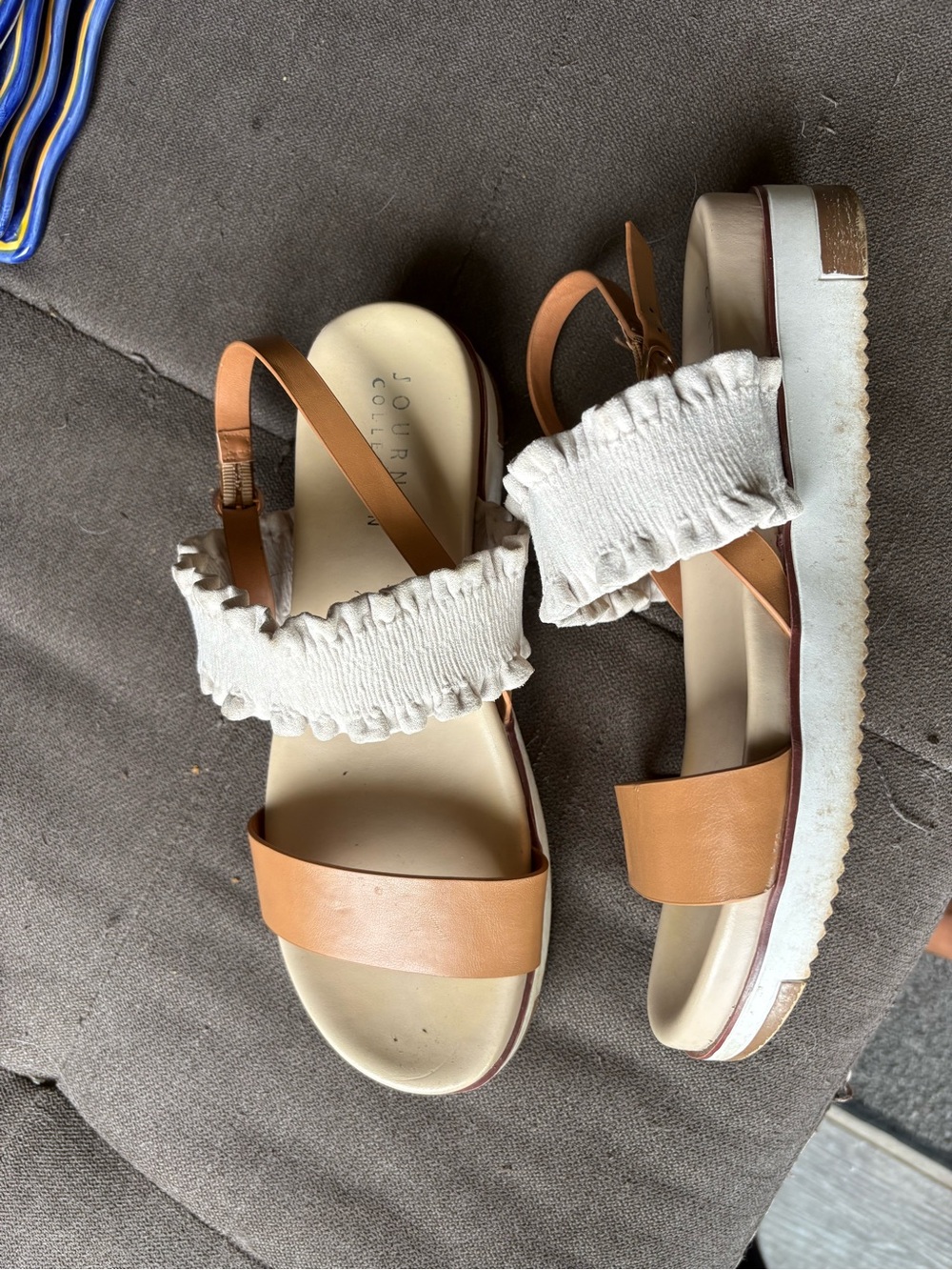 Journee Collection Tan Leather and Cream Ruffle Strap Platform Sandals